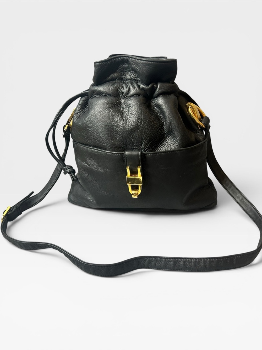 Vintage Tribbianno Black Leather Crossbody With Gold Hardware